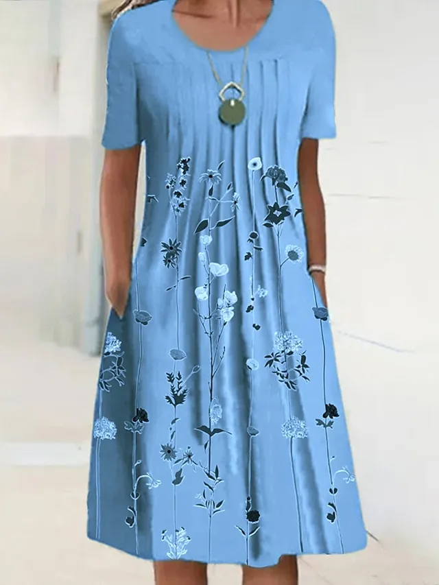 Women's Casual Dress T Shirt Dress Tee Dress Shift Dress Midi Dress Blue Green Short Sleeve Floral Ruched Summer Spring Crew Neck Basic Daily Weekend 2023 S M L XL XXL 3XL