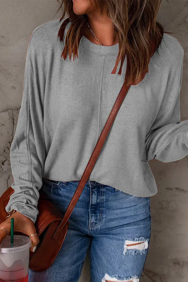 Solid Long Sleeve Crew Neck Casual Top