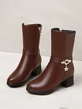 Women's Black Faux Leather Fur-Lined Mid-Calf Winter Boots with Star Charm and Block Heels – Elegant and Warm Footwear for Cold Weather