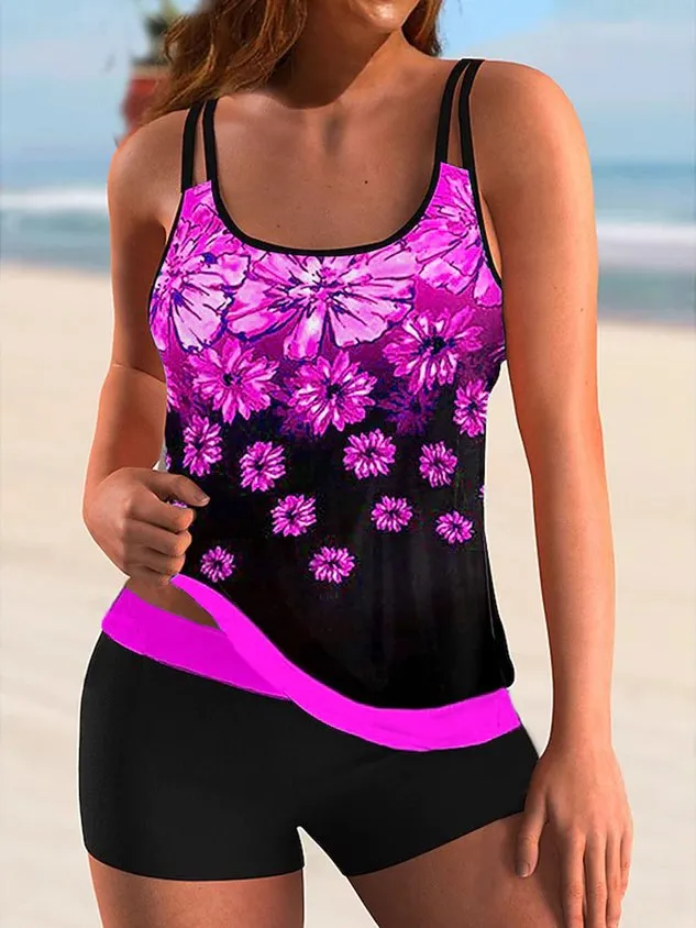 Scoop Neck Vacation Floral Printing Tankini