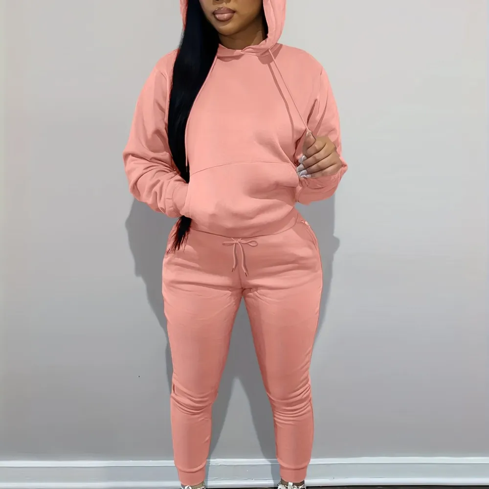Womens Comfort-fit Drawstring Hoodie & Loose Sweatpants Set - Stylish Two-Piece Pantsuit with Handy Pockets - Versatile Casual Wear for Everyday Style