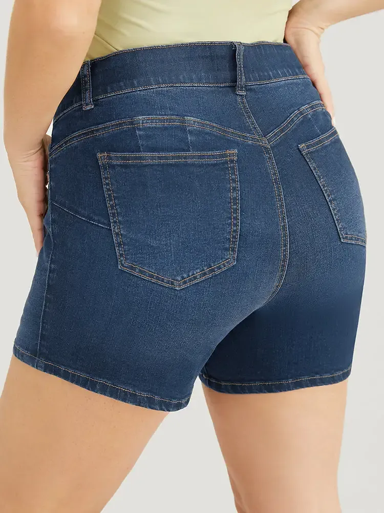 Very Stretchy High Rise Slant Pocket Denim Shorts