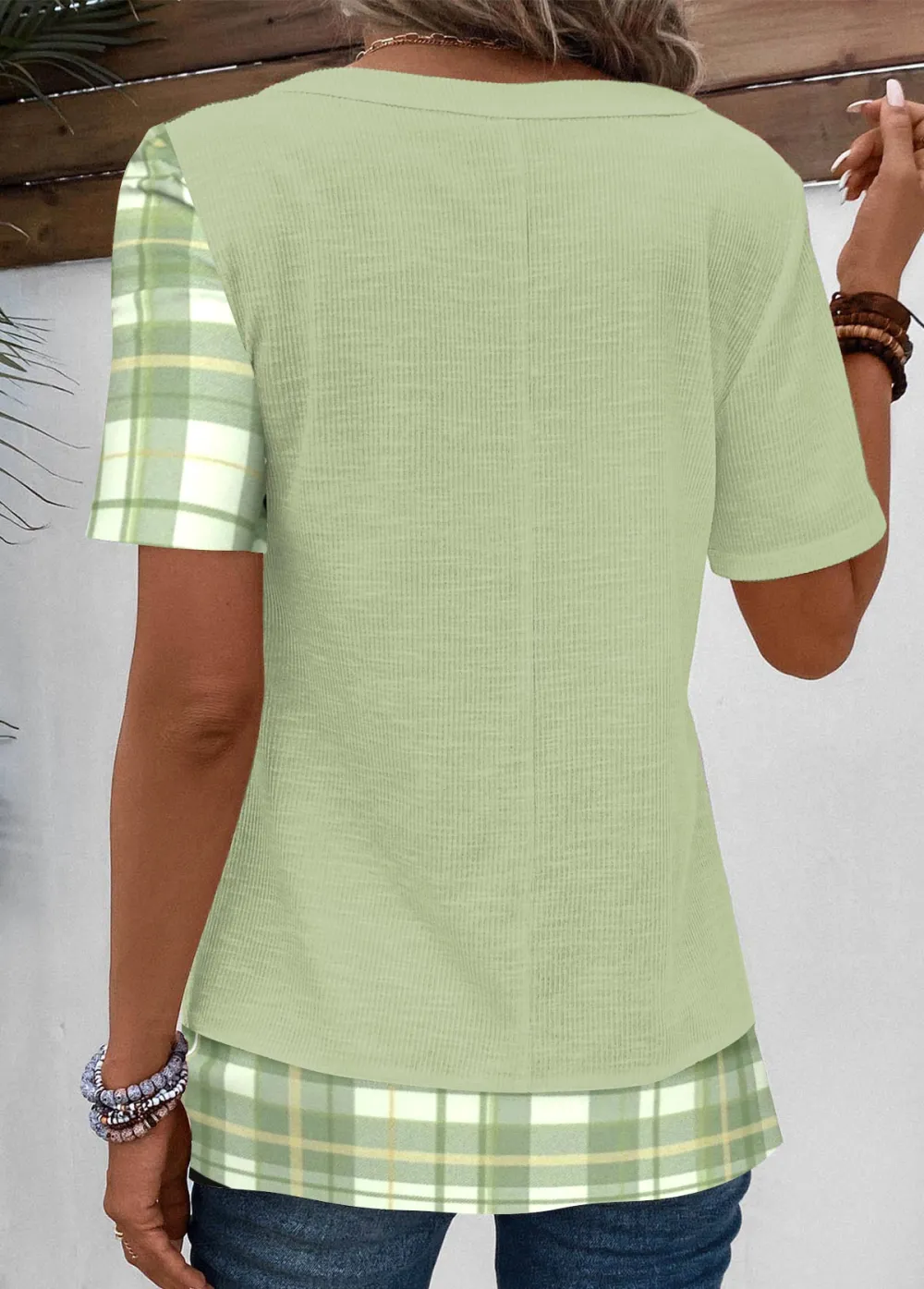 Patchwork Floral Print V Neck T Shirt