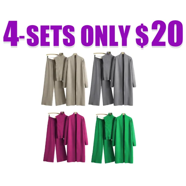 Trendy Knit Turtle Neck Tank & Wide Leg Trousers With Open-Front Long Cardigan Three-Piece Sets