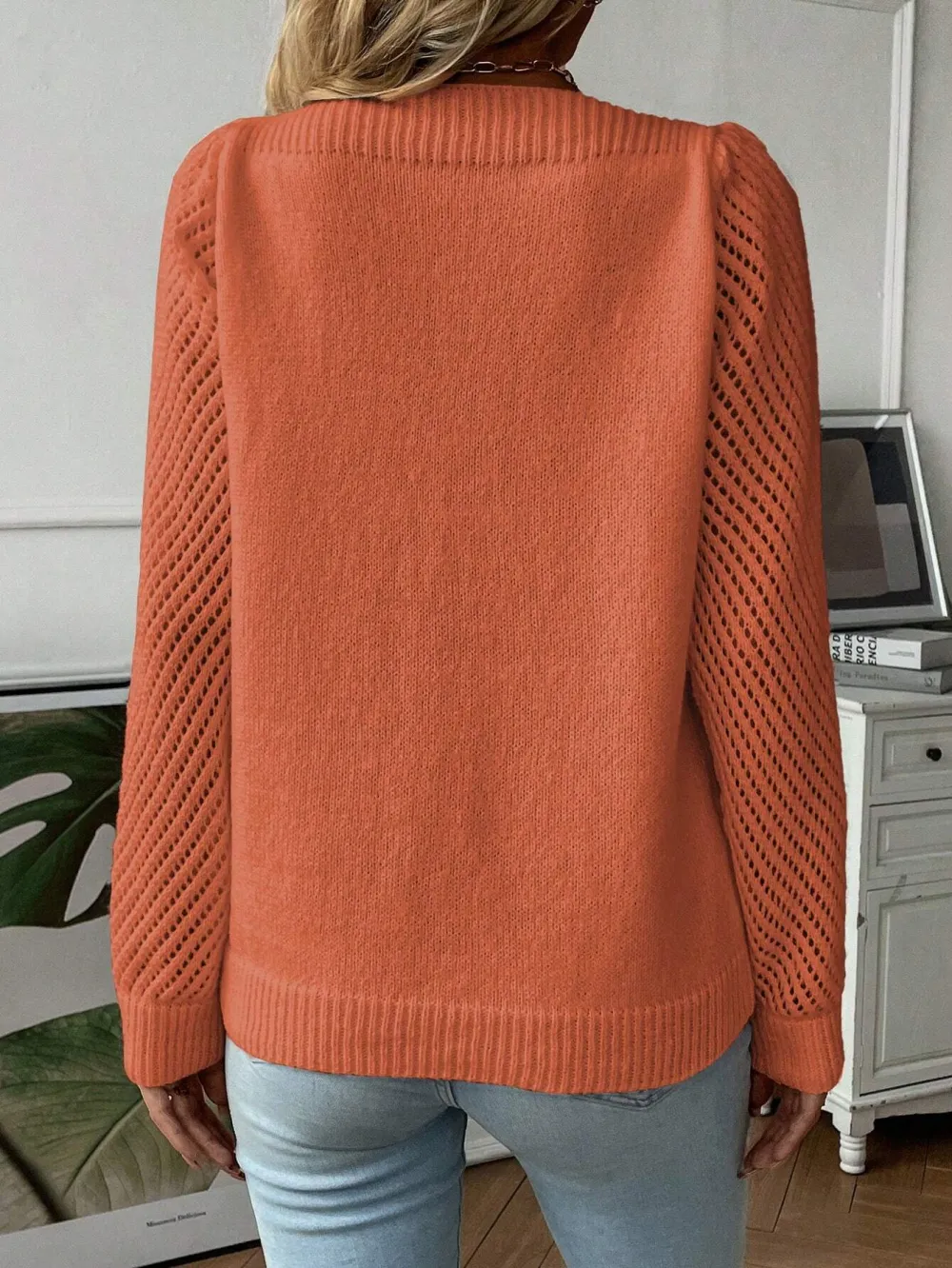 Solid Boat Neck Puff Sleeve Sweater