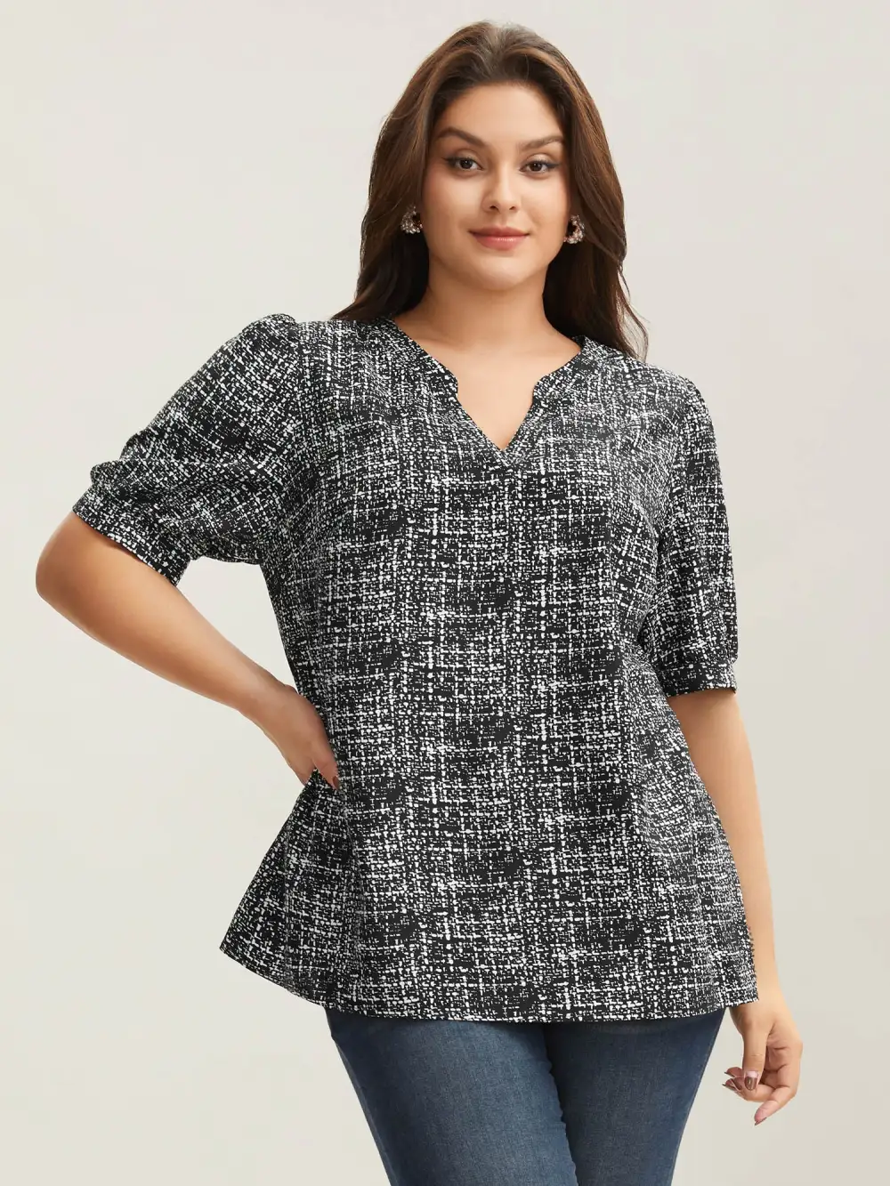 Geometric Print Puff Sleeve Blouse