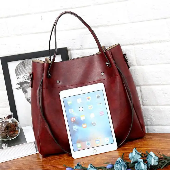 Ladies retro four-piece large-capacity Picture-mother bag, solid color handbag, one-shoulder diagonal bag