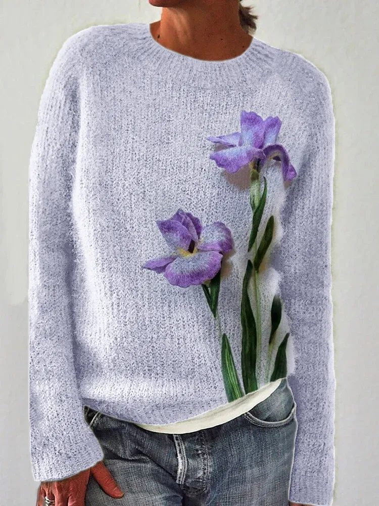 Classy Purple Irises Felt Art Cozy Alzheimer's Knit Sweater