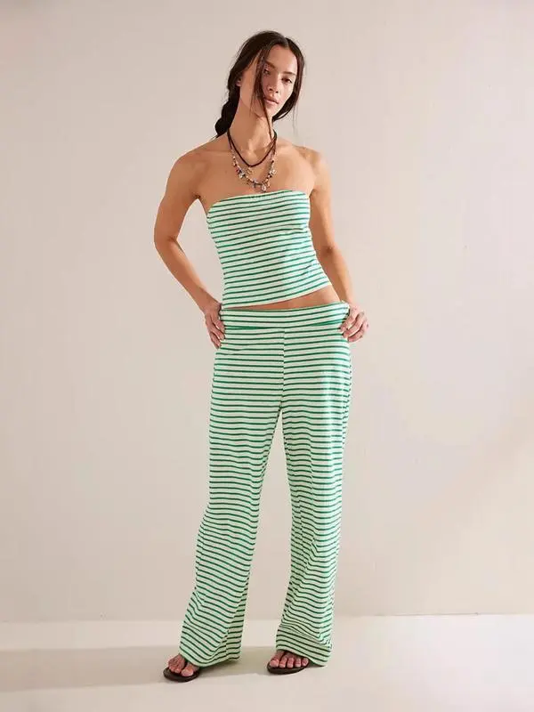 Women's Striped Crop Top with Wide Leg Pants – Casual Sleeveless Summer Outfit
