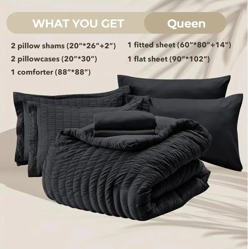 Queen Comforter Set Seersucker 7 Pieces, All Season Luxury Bed in a Bag for Bedroom, Bedding Set with Comforters, Sheets, Pillowcases & Shams, Dark Grey