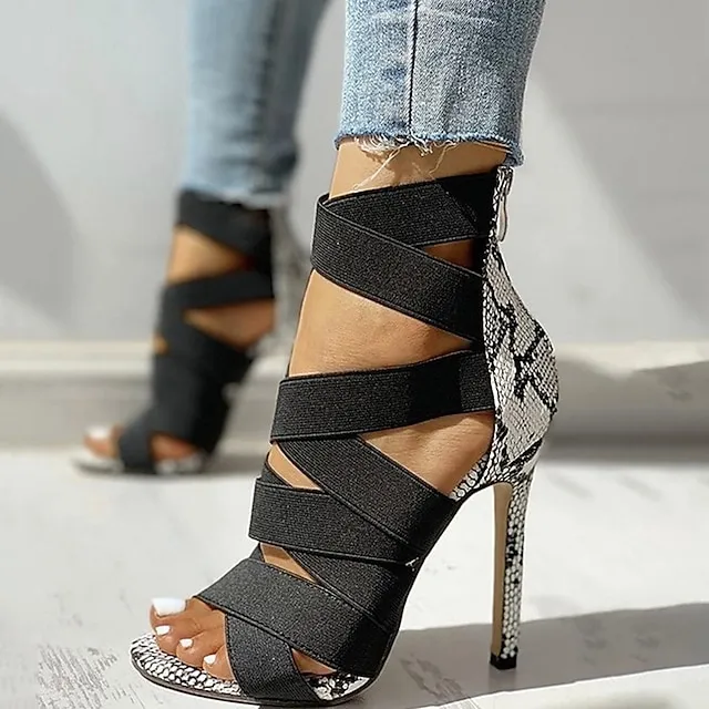 Women's Heels Sandals Stilettos Animal Print Party Daily Club Summer High Heel Stiletto Heel Open Toe Elegant Casual Sexy Microfiber Zipper Animal Patterned Snakeskin Snake Black Beige