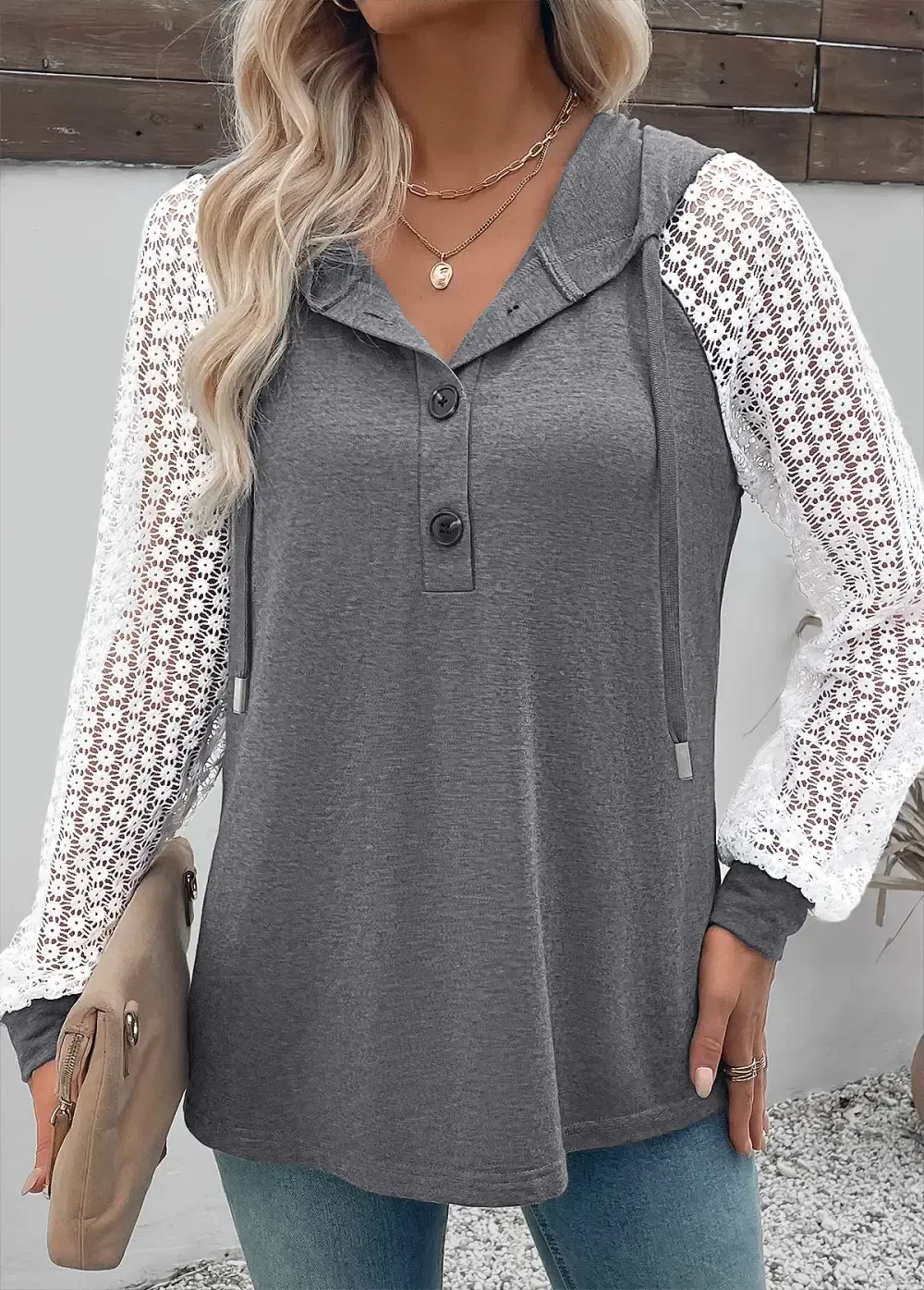 Grey Button Short Sleeve Hooded T Shirt
