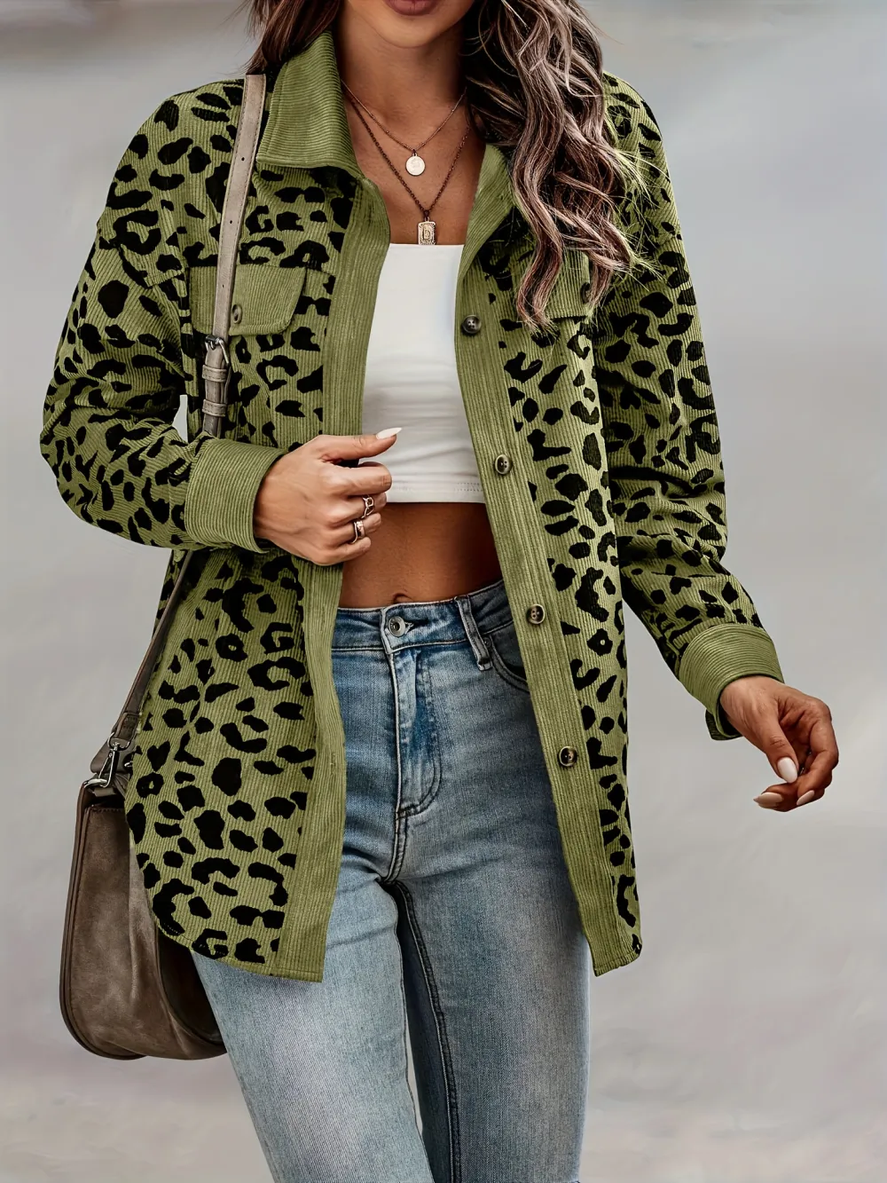 Wild Leopard Print Shacket Jacket - Soft, Casual, Button-Front, Turn-Down Collar, Long Sleeve, Outerwear for Women - Perfect for Daily Wear, Outdoor Activities, and Layering