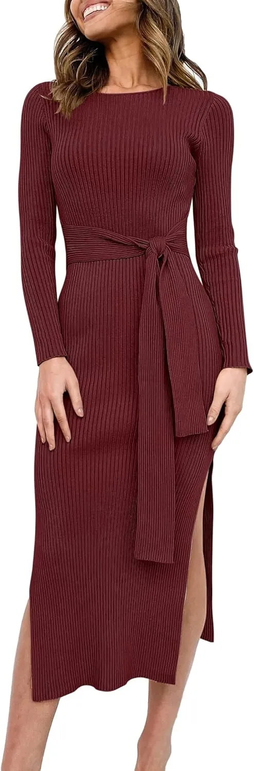 Long Sleeve Sweater Dress Crew Neck Slim Fit Slit Tie Waist 2024 Ribbed Knit Bodycon Midi Dress Fall Outfits