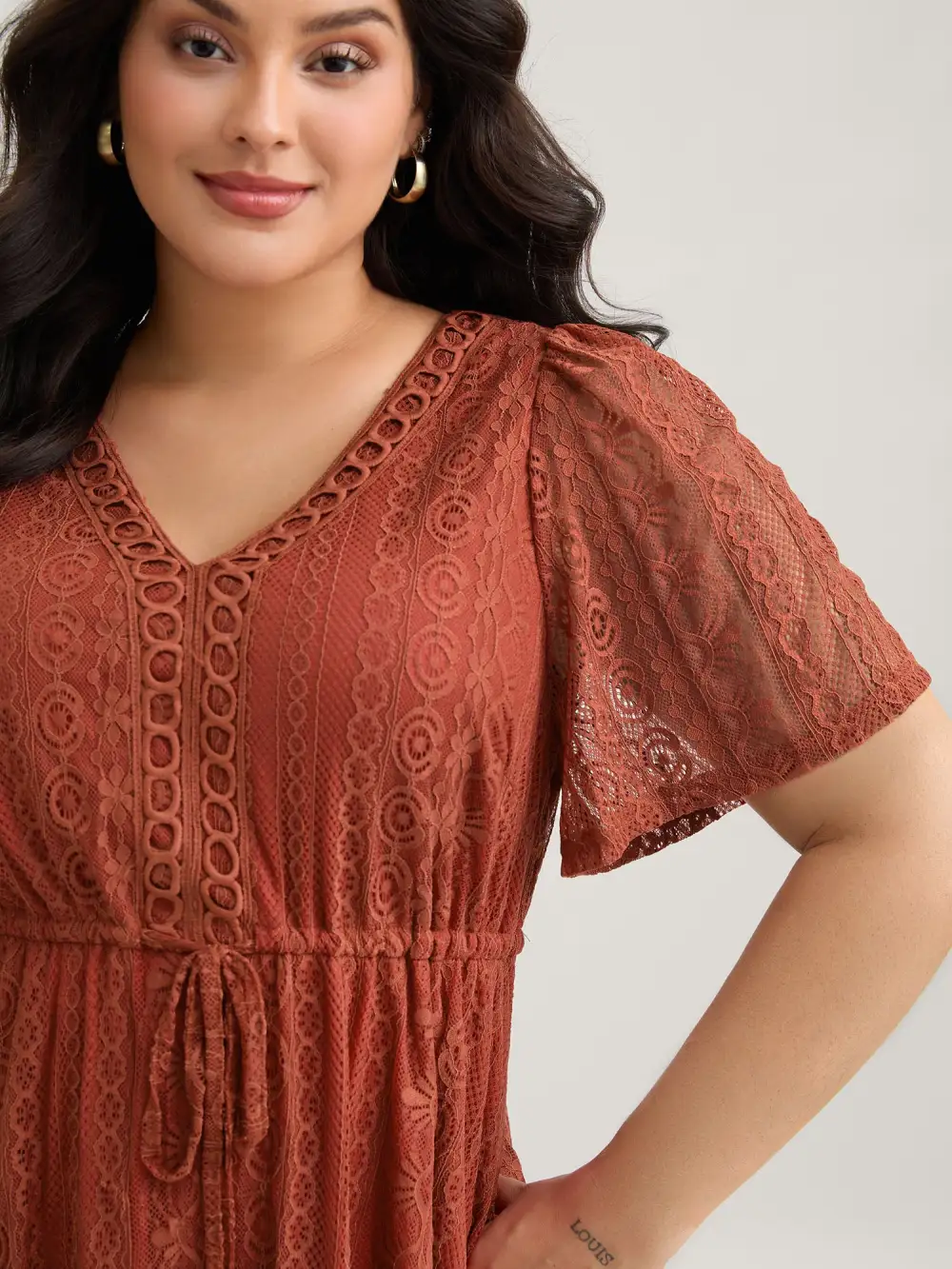 V Neck Lace Panel Drawstring Blouse