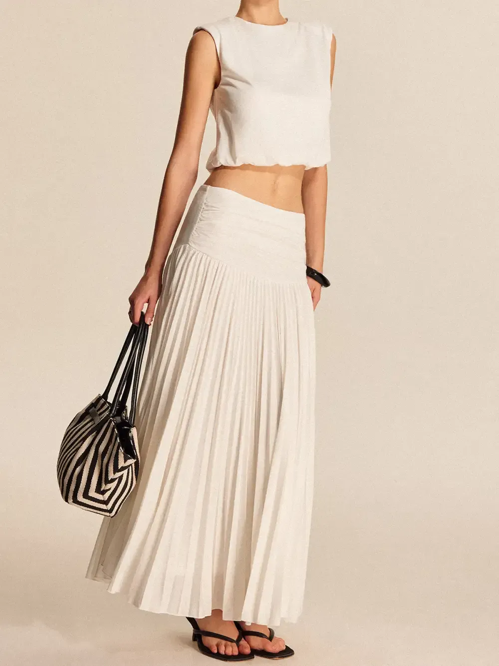 Shoulder-Padded Pleated Skirt Set