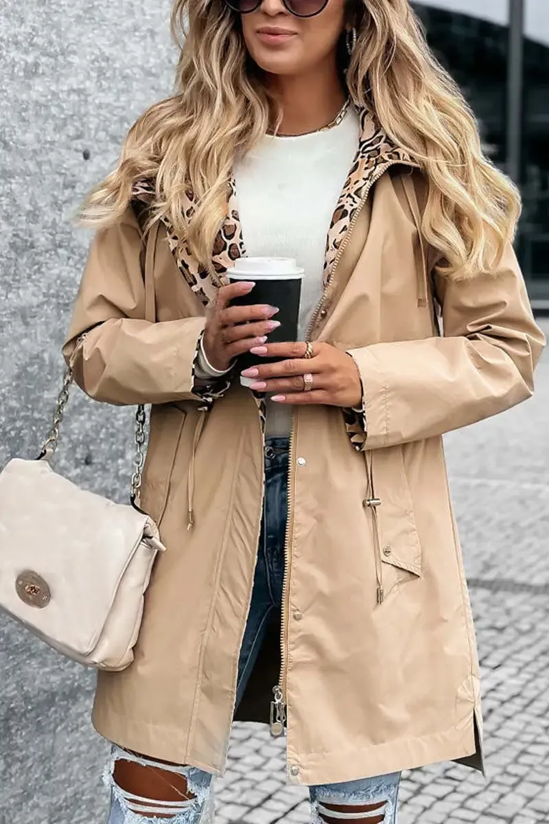 Casual Leopard Print Patchwork Hooded Windbreaker Jacket