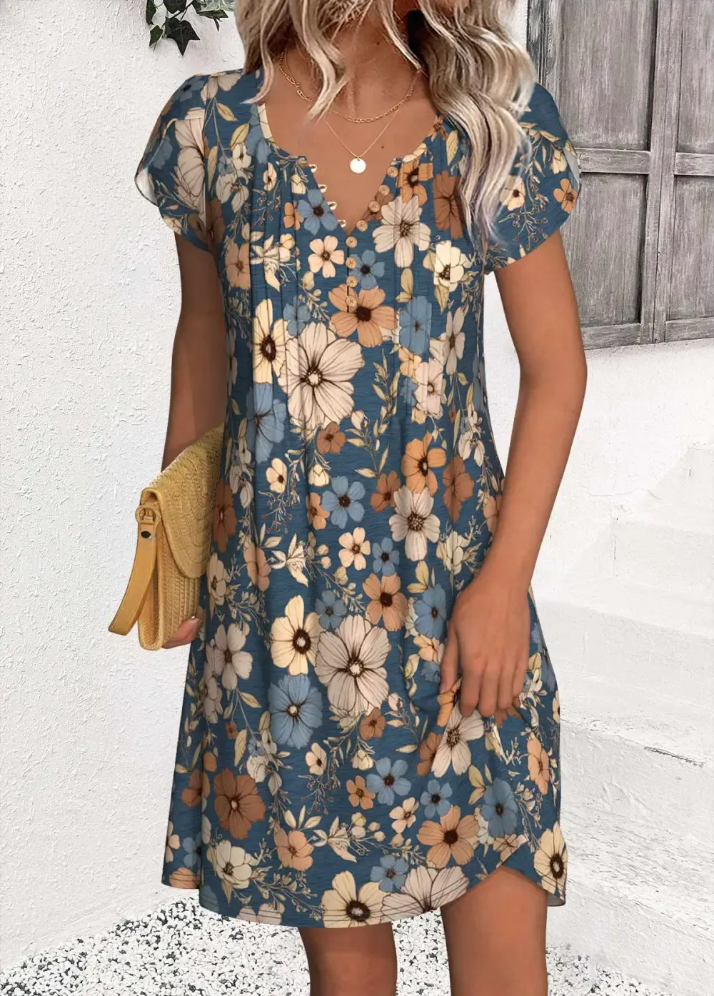 Multi Color Floral Print Short Split Neck Dress
