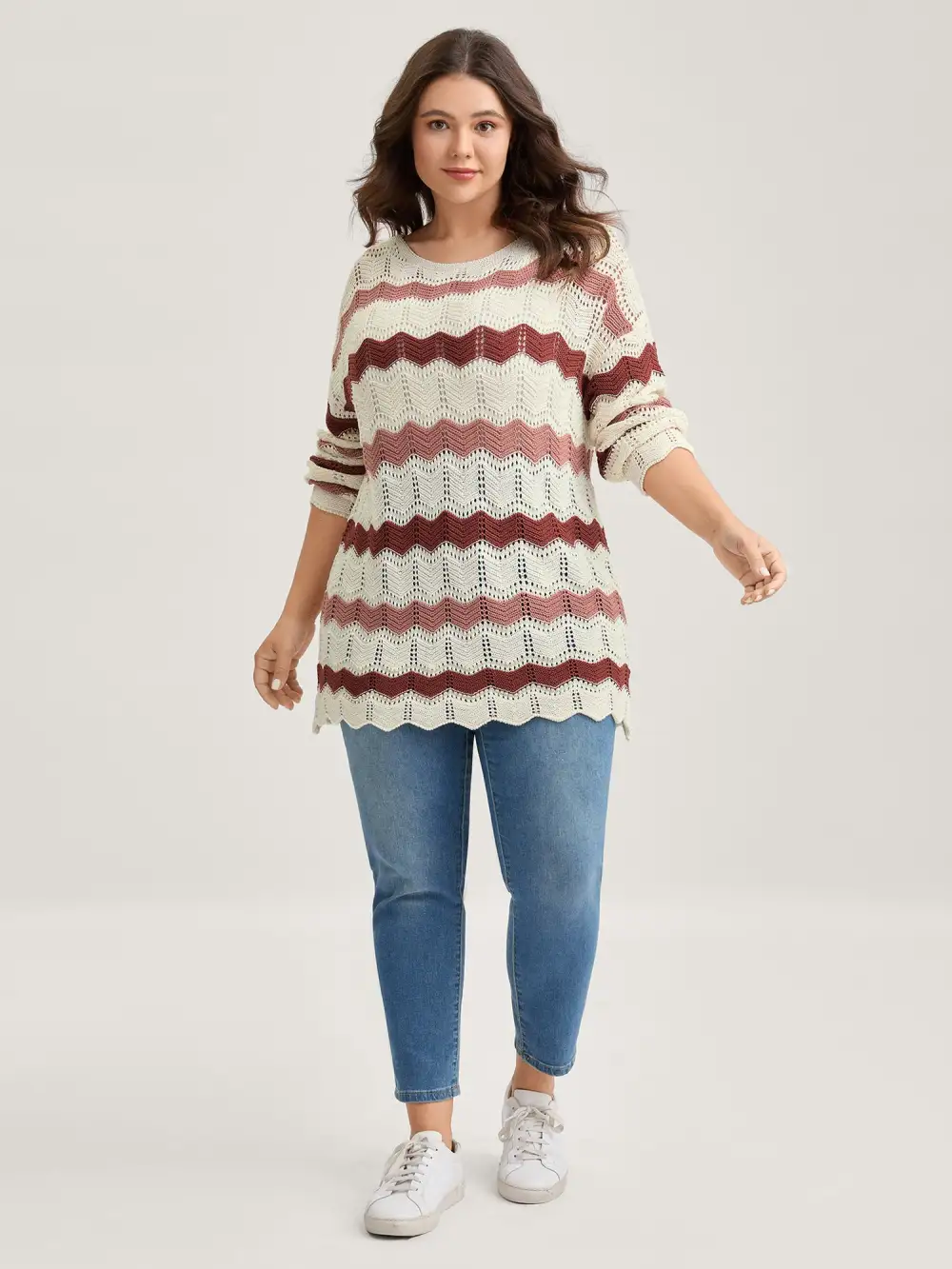 Wavy Textured Stripes Cut-Out Lightweight Pullover