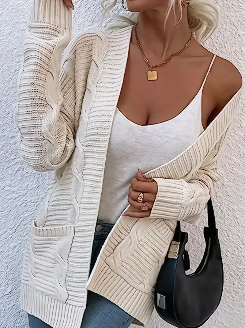 Cozy Solid Color Cable Knit Cardigan Sweater