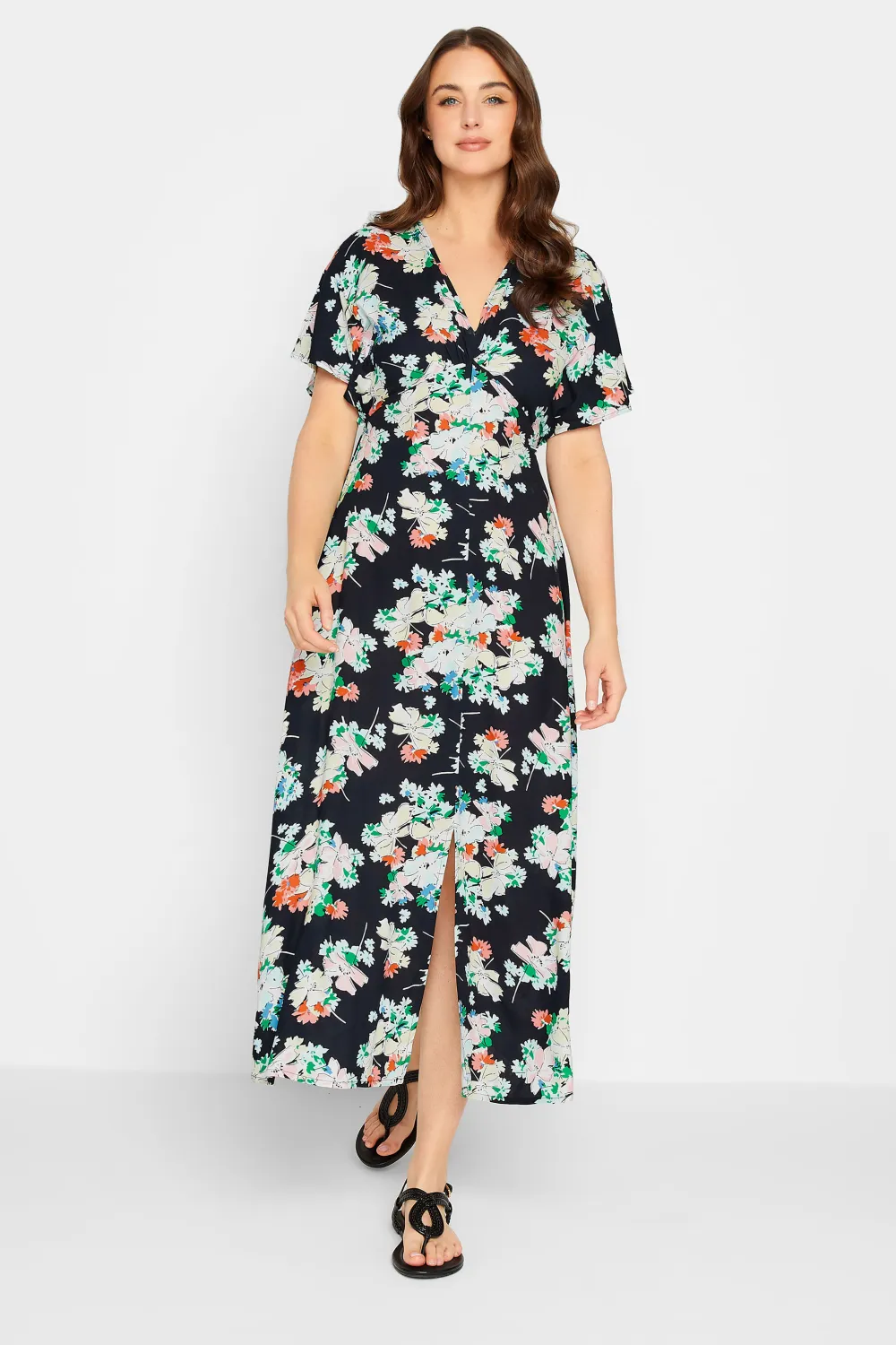 LTS Tall Black Floral Print Split Front Midaxi Dress