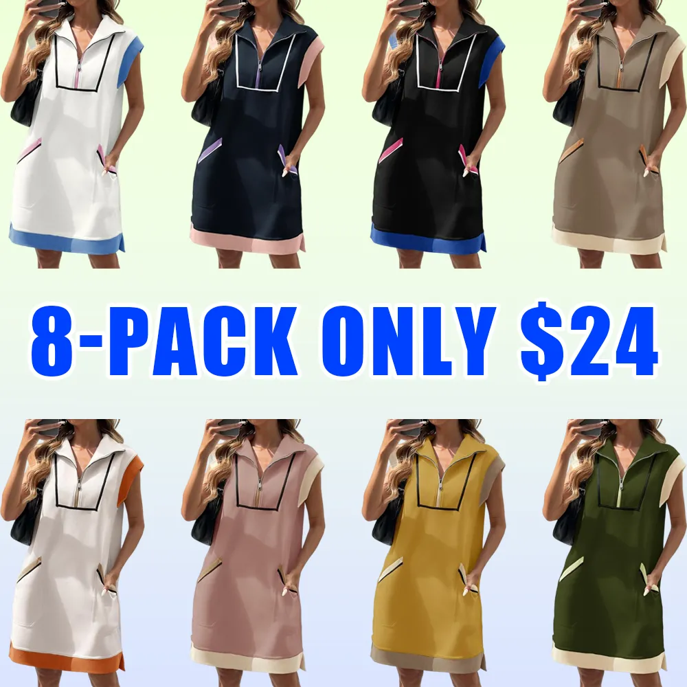 Women's Casual Sleeveless Zip Mini Dress – Contrast Cap Sleeve Sweatshirt Style