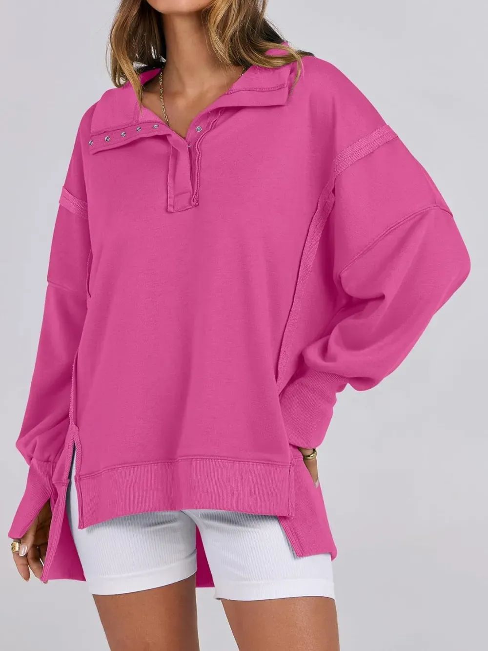 ✨Women's Oversized High Low Split Button Up Henley Pullover Top