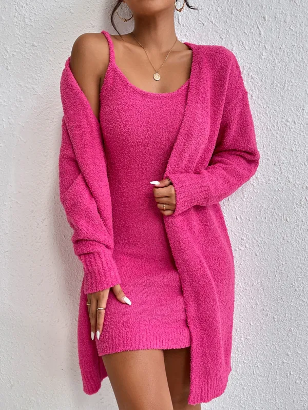 Solid Cami Sweater Dress & Drop Shoulder Cardigan