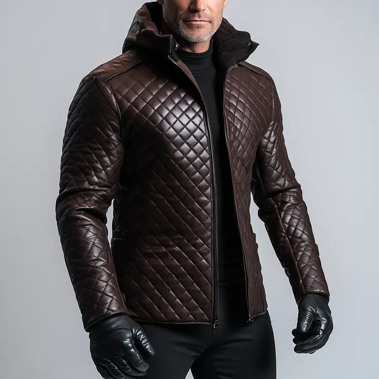 Men's PU Leather Quilted Zipper Hooded Jacket