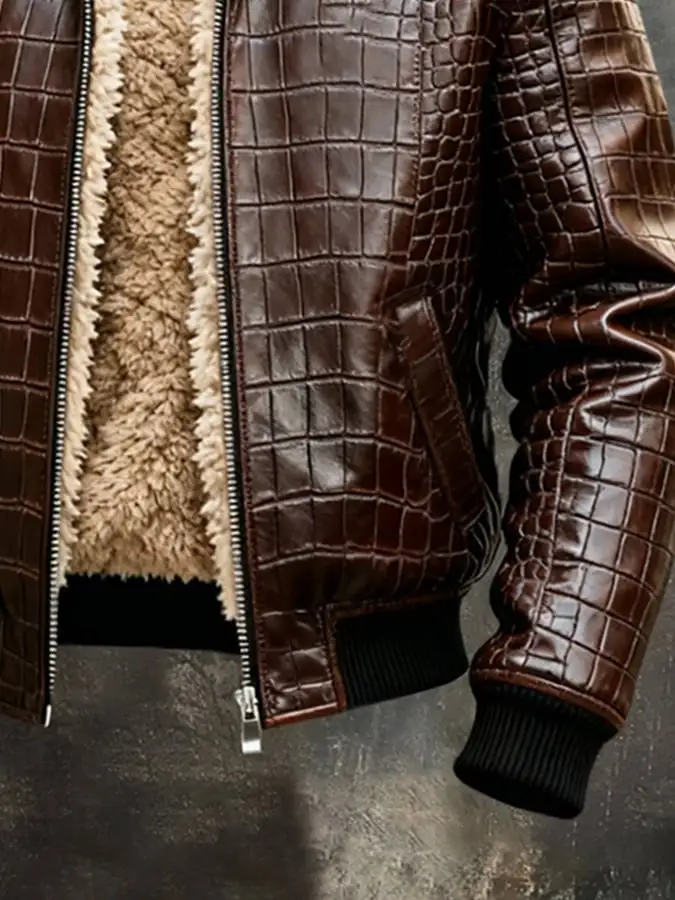 Men's Vintage Plush Warm Crocodile Textured Outdoor Jacket Leather Coat
