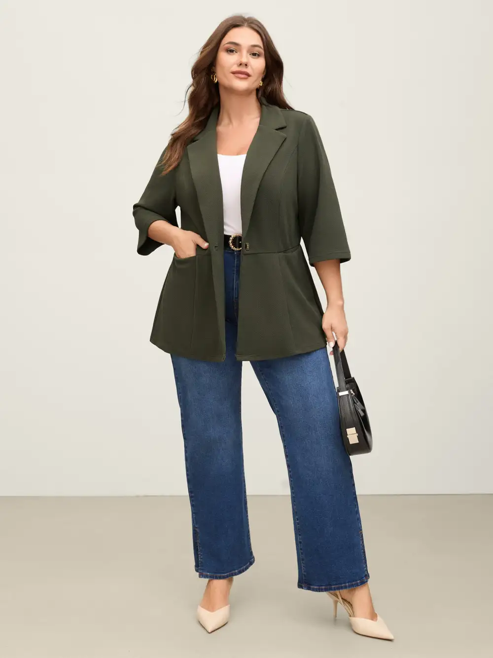 Stretchy Textured Cinched Flared Waist Blazer