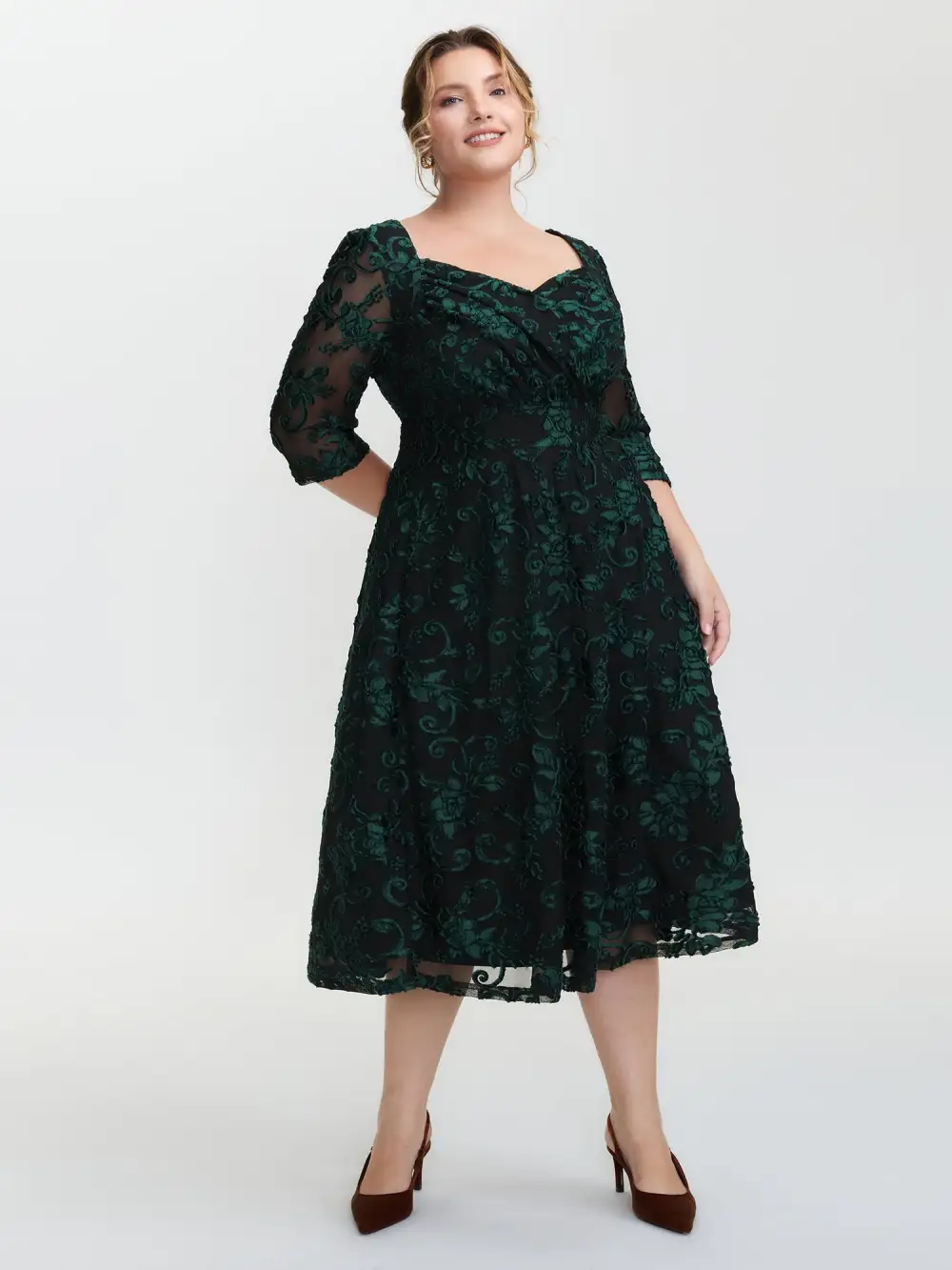 Stretchy Laser Cut Mesh Crossover Neckline Midi Dress