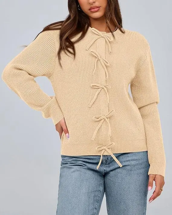 Cardigan Sweaters for Women Trendy 2025 Fall Open Front Long Sleeve Button Down Bow Knot Cropped Lady Jacket