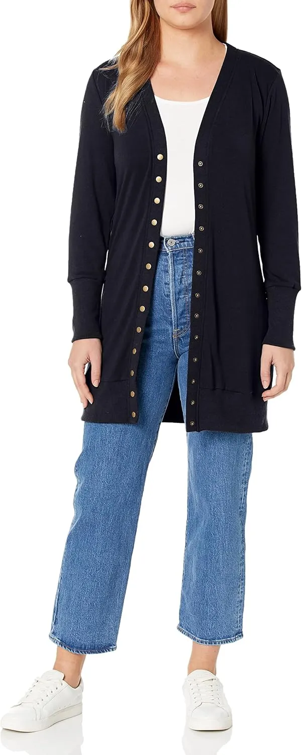 Women's 2024 Fall Long Sleeve Snap Button Down Solid Color Knit Ribbed Neckline Cardigans