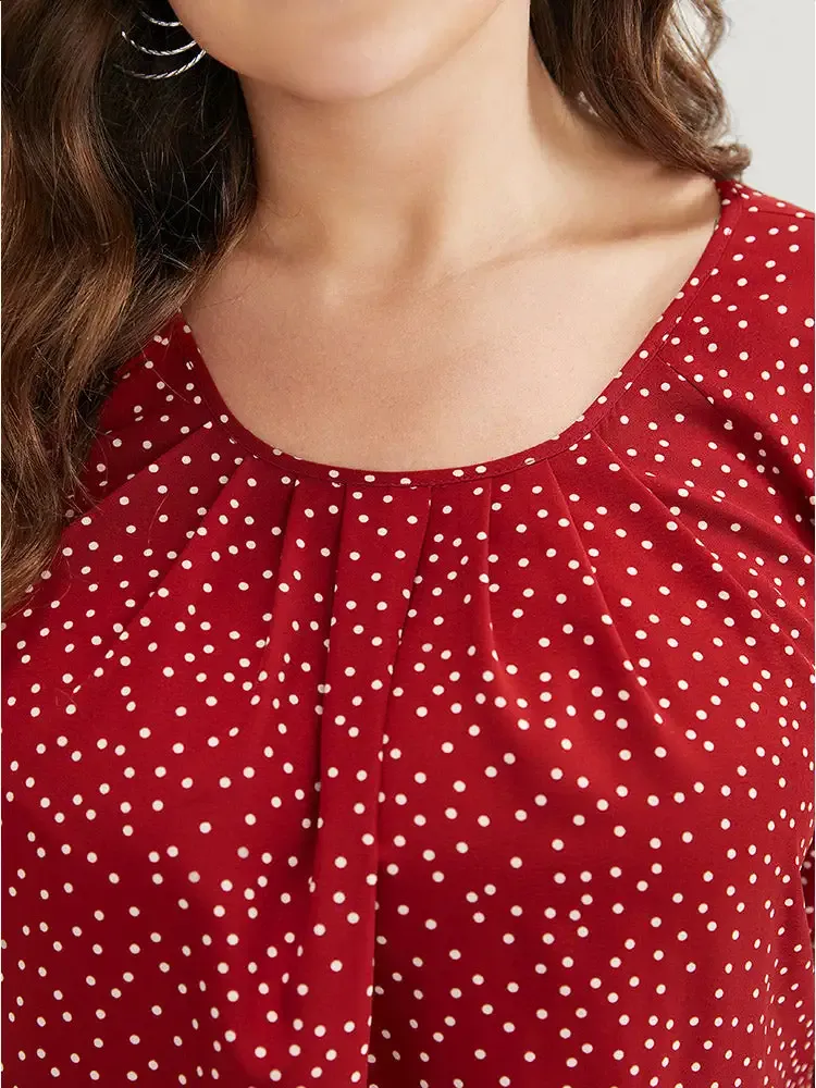 Polka Dot Pleated Round Neck Puff Sleeve Blouse