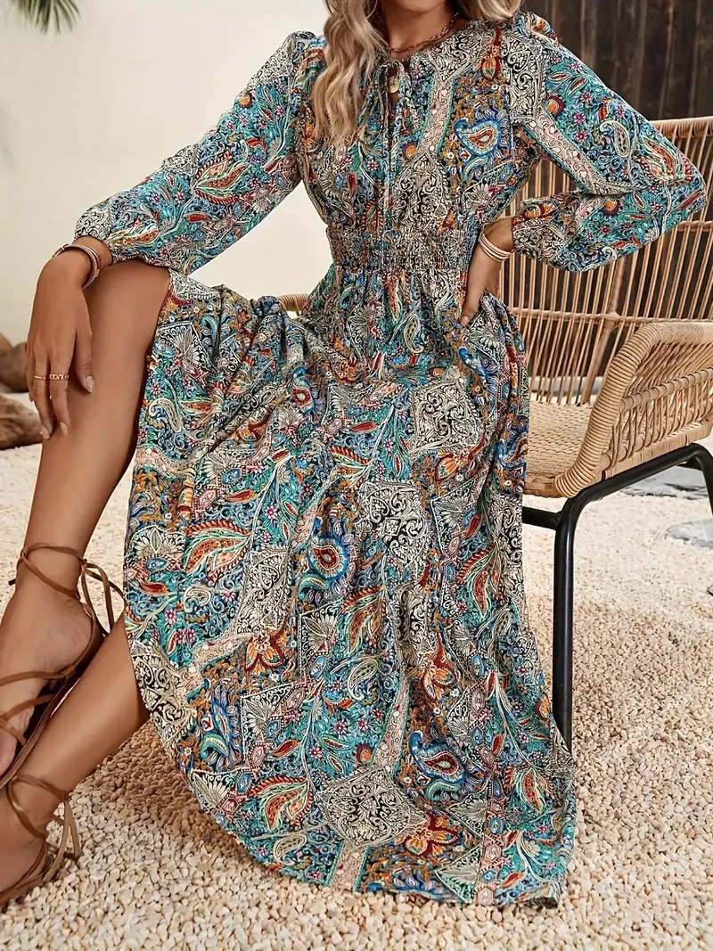 Paisley Print Lantern Sleeve Dress