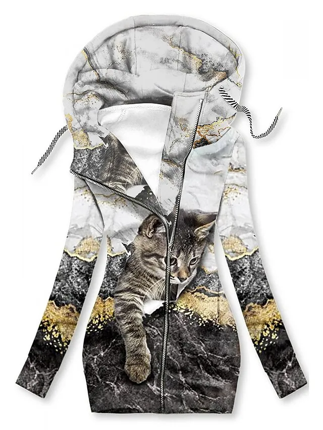 Women's Zip Hoodie Sweatshirt Sports Basic Drawstring Zip Up Front Pocket Black White Blue Floral Cat Street Casual Hoodie Long Sleeve Top Micro-elastic Fall & Winter