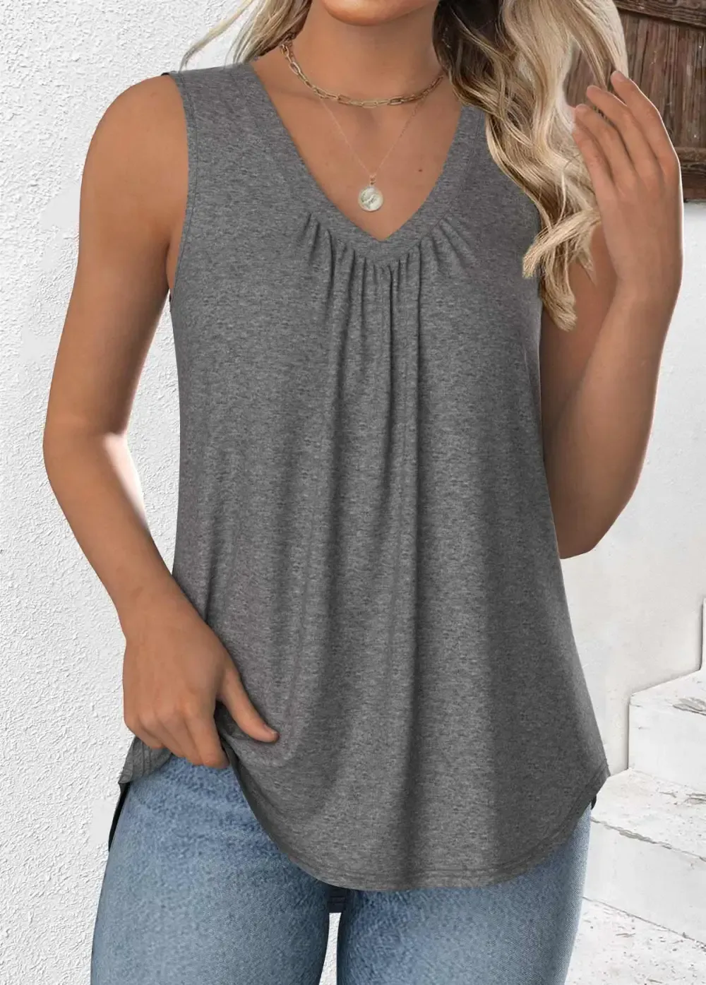 Grey Sleeveless V Neck Tank Top