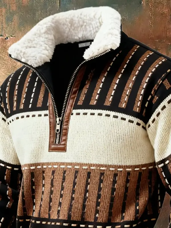 Men's Retro Color Block Print Casual Fur Collar Sweatshirt