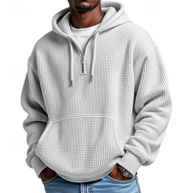 Men's Hoodie Waffle Hoodies Quarter Zip Hoodie Apricot White Light Green Army Green Red Hooded Plain Kangaroo Pocket Textured Sports & Outdoor Casual Daily Streetwear Cool Sportswear Fall Spring