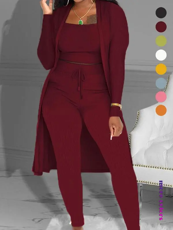 Women’s 3-Piece Fall Outfit – Open Front Cardigan, Tie Front Leggings & Cropped Top Set