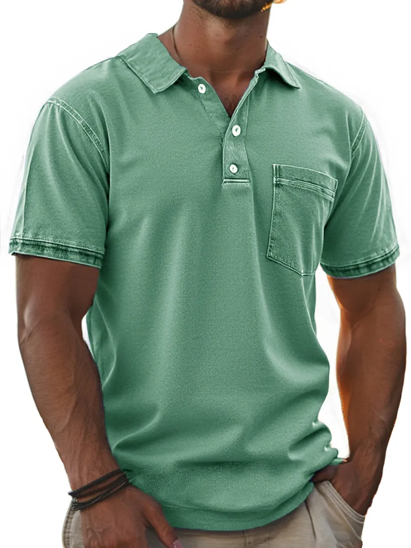 Men's Stylish Retro Pure Cotton Distressed Fabric Pocket Lapel Polo Shirt 