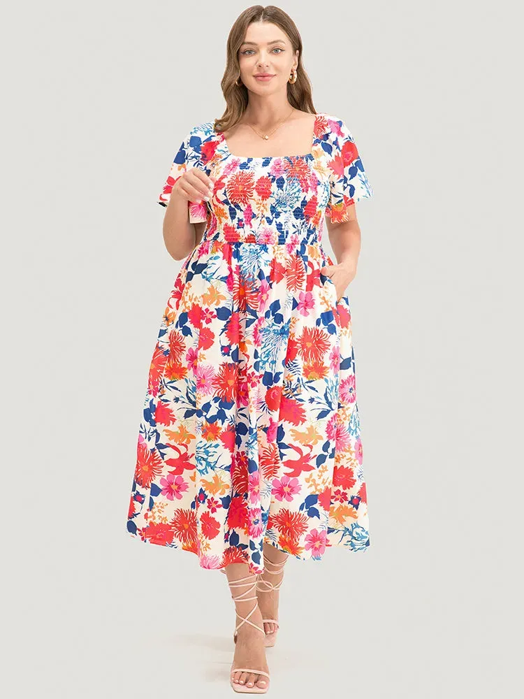 Floral Backless Shirred Square Neck Pocket Ruffle Hem Dress
