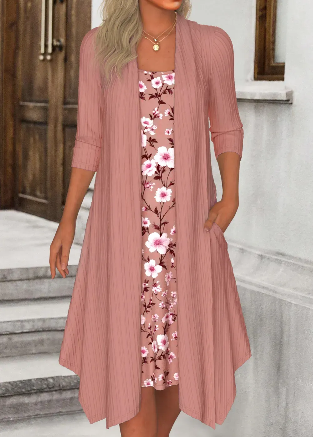 Pink Fake 2in1 Floral Print A Line Dress