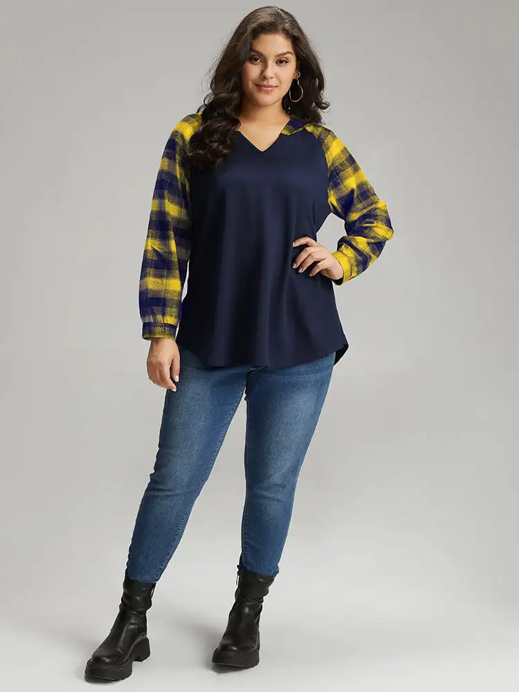 Plaid Print Hooded Patchwork Sweatshirt