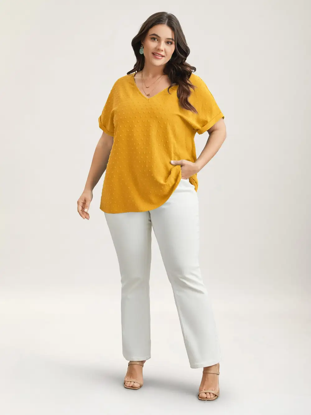 Back-Button Textured V-Neck Shirt