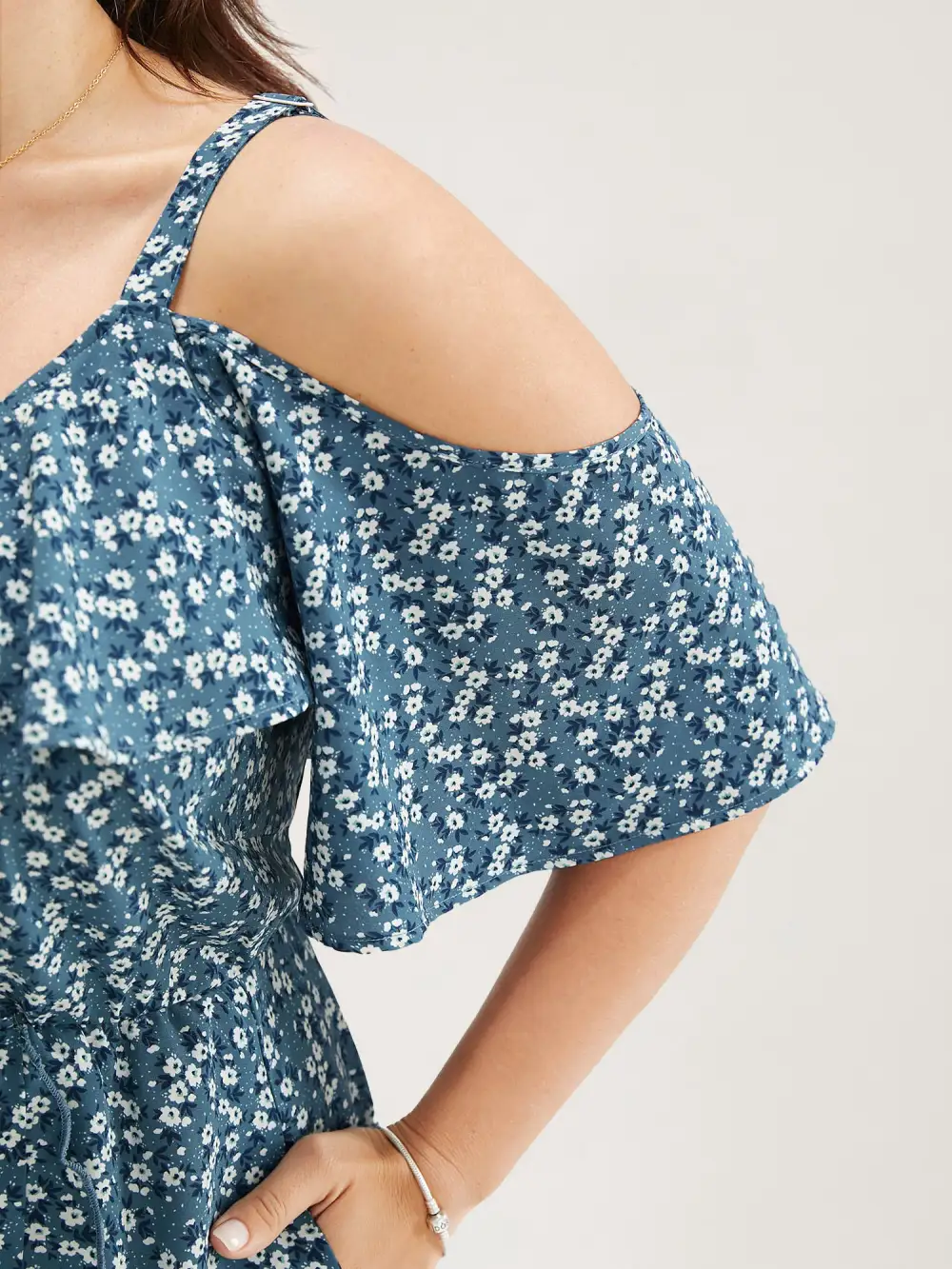Ditsy Floral Pocket Wrap Cold Shoulder Ruffle Dress