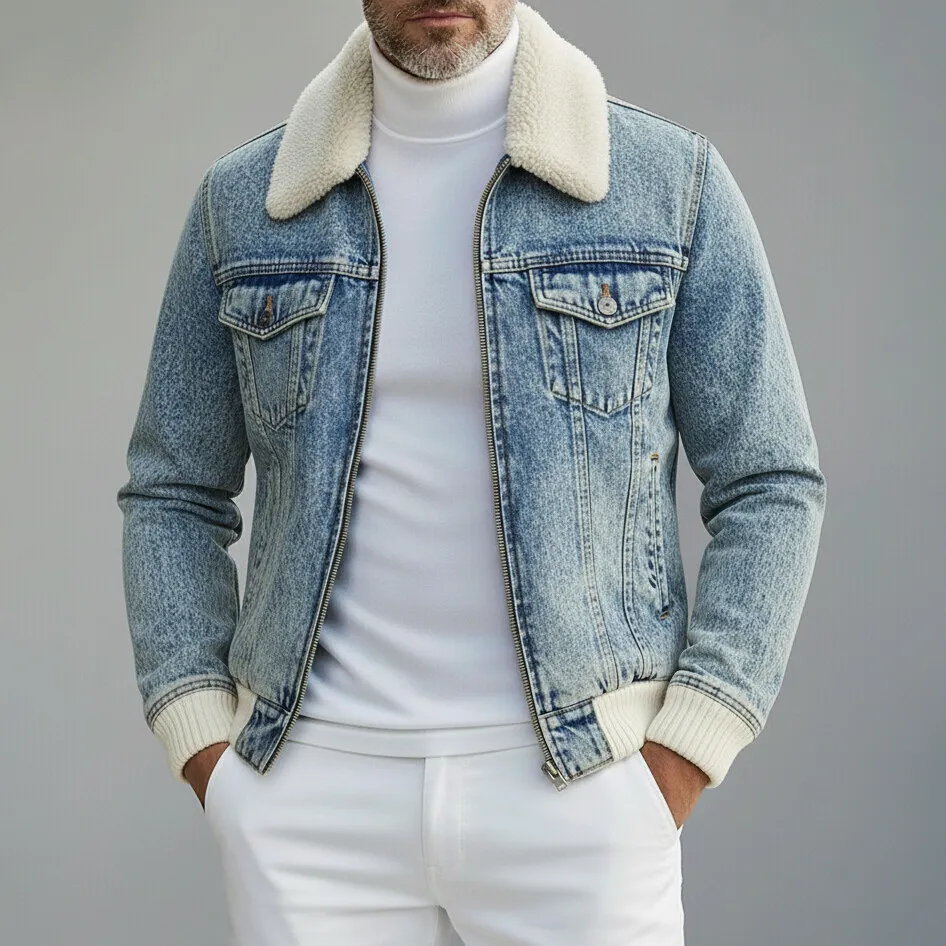 Men's Light Blue Denim Shearling Collar Knit Cuffs Pocket Long Sleeve Zipper Jacket