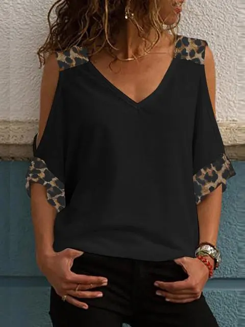 Leopard Print V-neck Cold Shoulder Tops