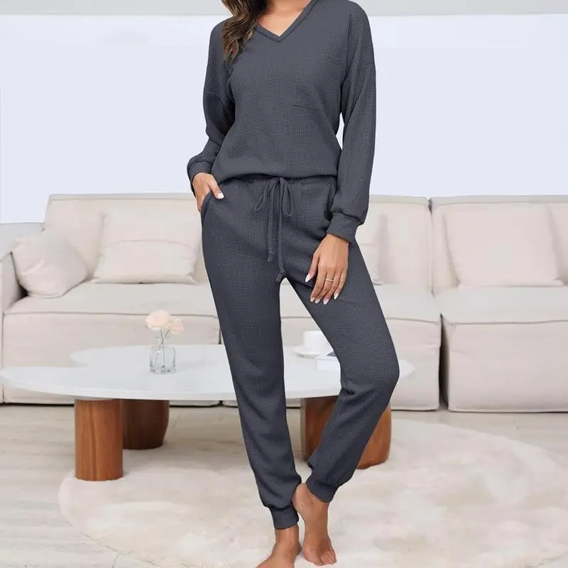 Women's Waffle Knit Lounge Set – Long Sleeve Pullover & Jogger Sweatpants